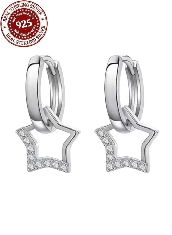 Women's S925 Sterling Silver Star Dangle Earrings – Elegant Bohemian Design with Synthetic Zirconia, Detachable Hollow Five-Point & Four-Point Star