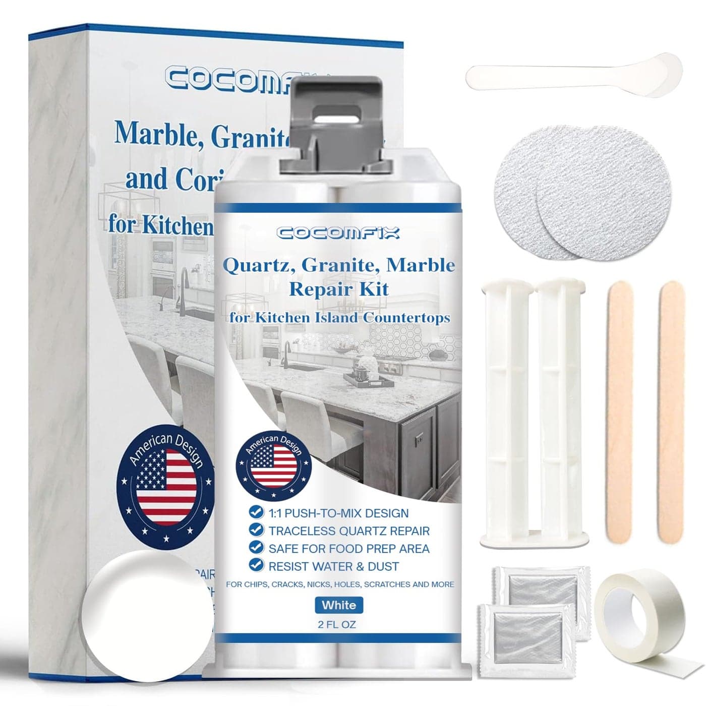 Quartz Countertop Repair KitWhite QuickDrying Permanent Fix for Edge Chips Cracks Scratches Nicks on Quartz Marble Granite Porcelain and Other Natural Stone Surfaces