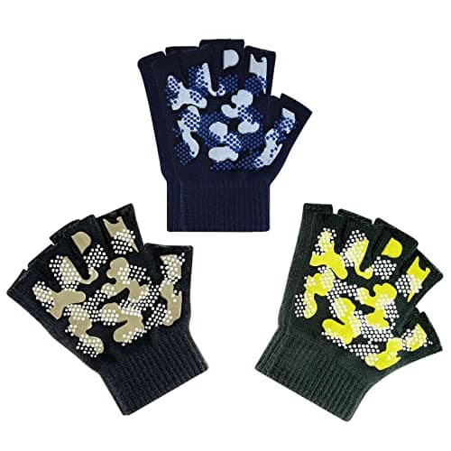 Evridwear Kids Fingerless Winter Warm Gloves,3 Pairs Half Finger Knitted Magic Stretch Gripper Touchscreen Glove for Boys Girls(Camo)
