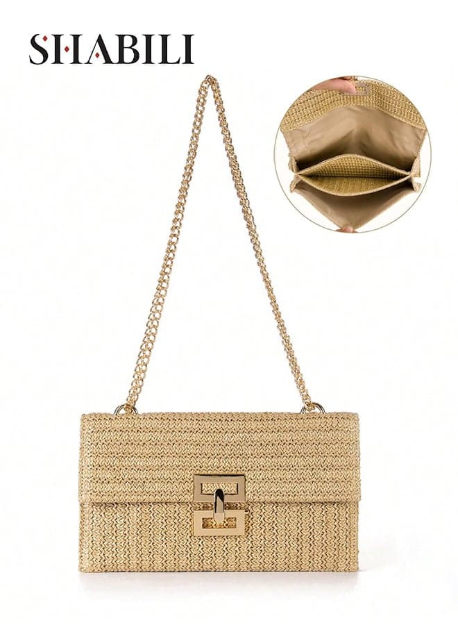 Women Shoulder Bag Jute Large-Capacity Woven Chain Crossbody Cross Bags Sling Satchel, Ladies Summer Beach Hobo Handbag for Teenager Youth Daily Casual Party Travel Shopping Work(Beige)