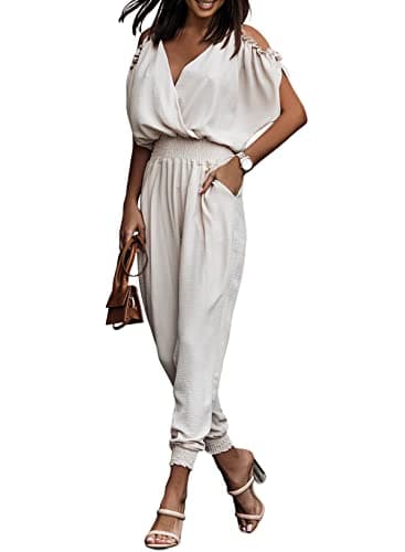 Dokotoo Jumpsuits for Lady Dressy One Piece 2025 Lighweight Long Pants Resort Wear Rompers High Waist Cold Shoulder Outfits for Vacation,Beige Small