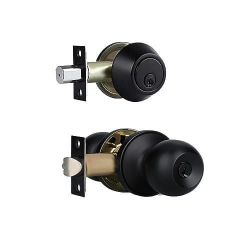 Front Door Lock Set Exterior Door Lock Set with Deadbolt, Single Cylinder Deadbolt Lock and Door Knob Set, Keyed Alike,Matte Black Door Knob and Deadbolt Set(1Pack Set)