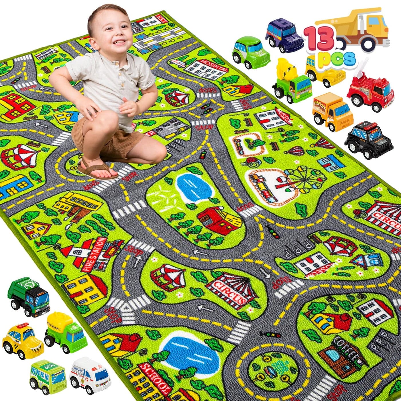 JOYIN Kids Play Rugs 12 PullBack Vehicle Set Durable Carpet Playmat Rug City Pretend Play Toddler Car Track Rug