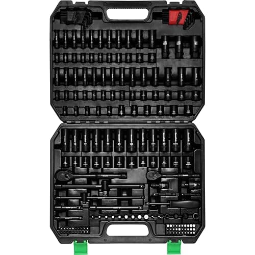 TecoTek 1/4" & 3/8" Dr. Impact Socket Set, 189 Piece Socket Wrench Set Mechanic Tools, Metric and SAE Full Set, CR-V, Deep & Shallow Socket with Ratchet Handle, Spark Plug Socket, Bits for Mechanic