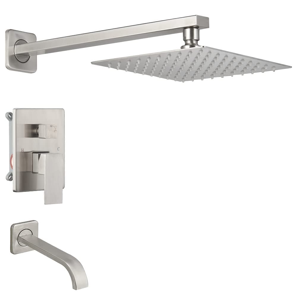 Heable Brushed Nickel Shower Faucet Set with Tub Spout Bathroom Luxury Rain Mixer Shower Head System Wall Mounted Shower Faucet Complete Single Handle Tub and Shower Trim Kit with Roughin Valve