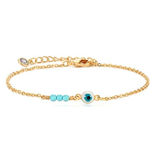 MEVECCO Bracelet for Women Gold Evil Eye Ball Turquoise Trio Bead Wire Wrapped 14K Gold Plated Dainty Chain Handmade Simple Protection Jewelry