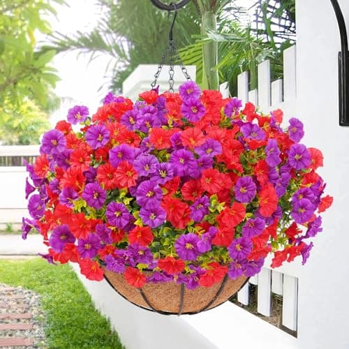 Elyum Artificial Hanging Flowers for Outdoors, Fake Flowers Artificial Petunias Hanging Baskets for Outdoors, UV Resistant Fake Hanging Plants Flowers for Outside Garden Patio Porch Decor