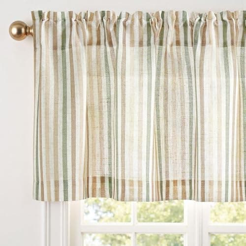 jinchan Valance Curtain Linen Textured Striped Window Curtain for Living Room Light Filtering Farmhouse Valance for Kitchen Rod Pocket 1 Panel 16 Inch Multi Green on Linen