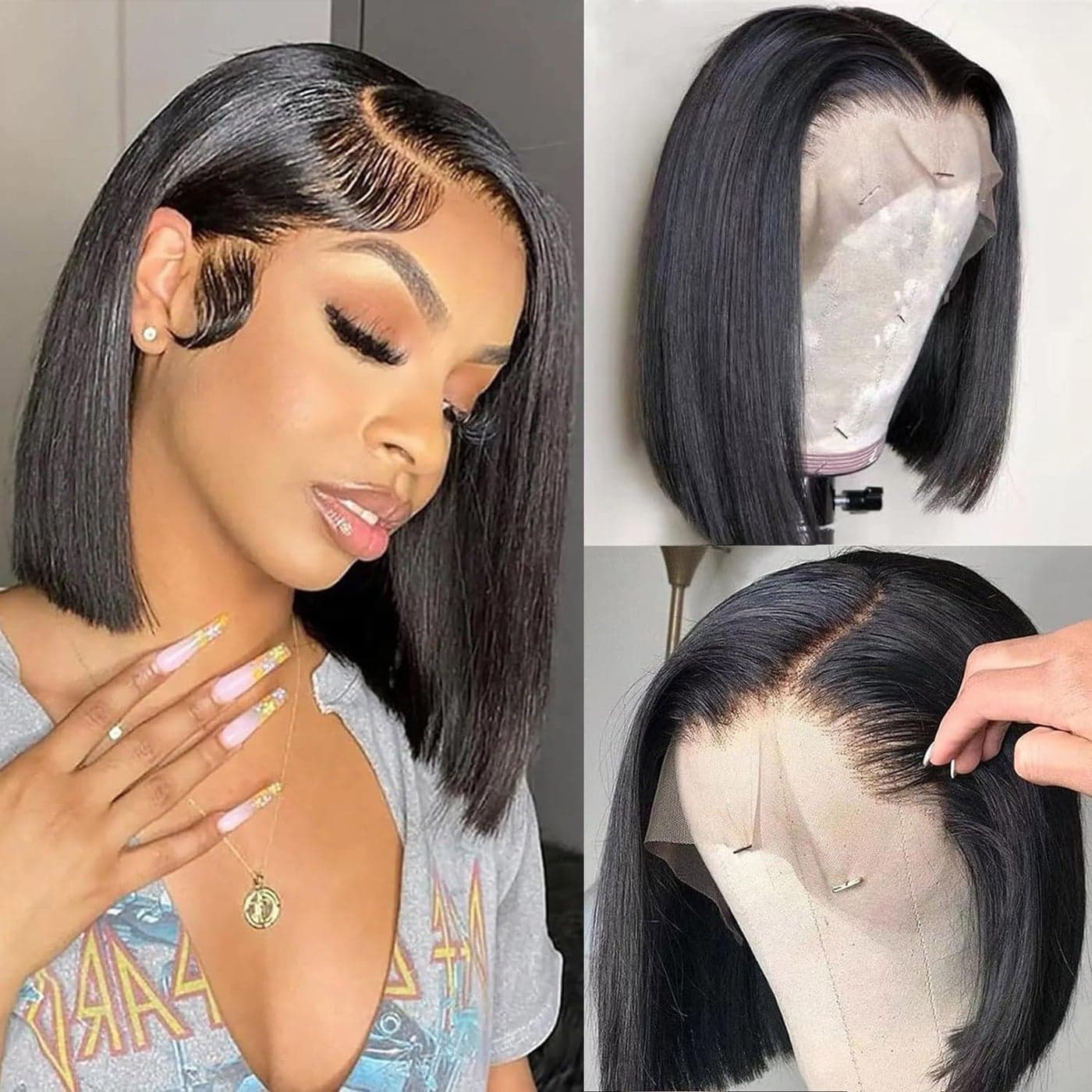 1B Natural Black HD Lace Transparent Bob Wigs 180 Density Pre Plucked Virgin Human Hair 13x4 Lace Frontal Wigs 12Inch Middle Part Straight Bleach Knot Glueless Bob Wig for WomenCould be Restyled