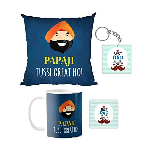 YaYa cafe Birthday Gifts for Father Dad Papaji Tussi Great Ho Gift Combo Hamper Set of 4 - Mug, Coaster, Cushion Cover, Keychain