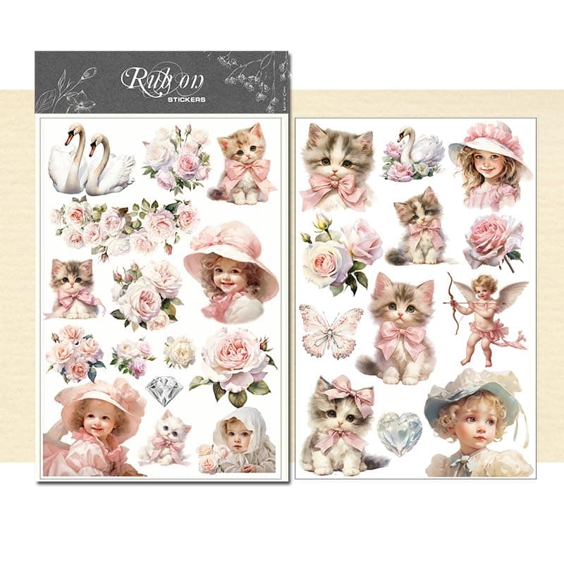 CATaireen Rub On Transfers Stickers 2 Sheets for Crafts Cloth Glass Acrylic Wood Furniture Small Vintage Junk Journal Supplies Scrapbooking Items Christmas Thanksgiving Pink Girl and Cat