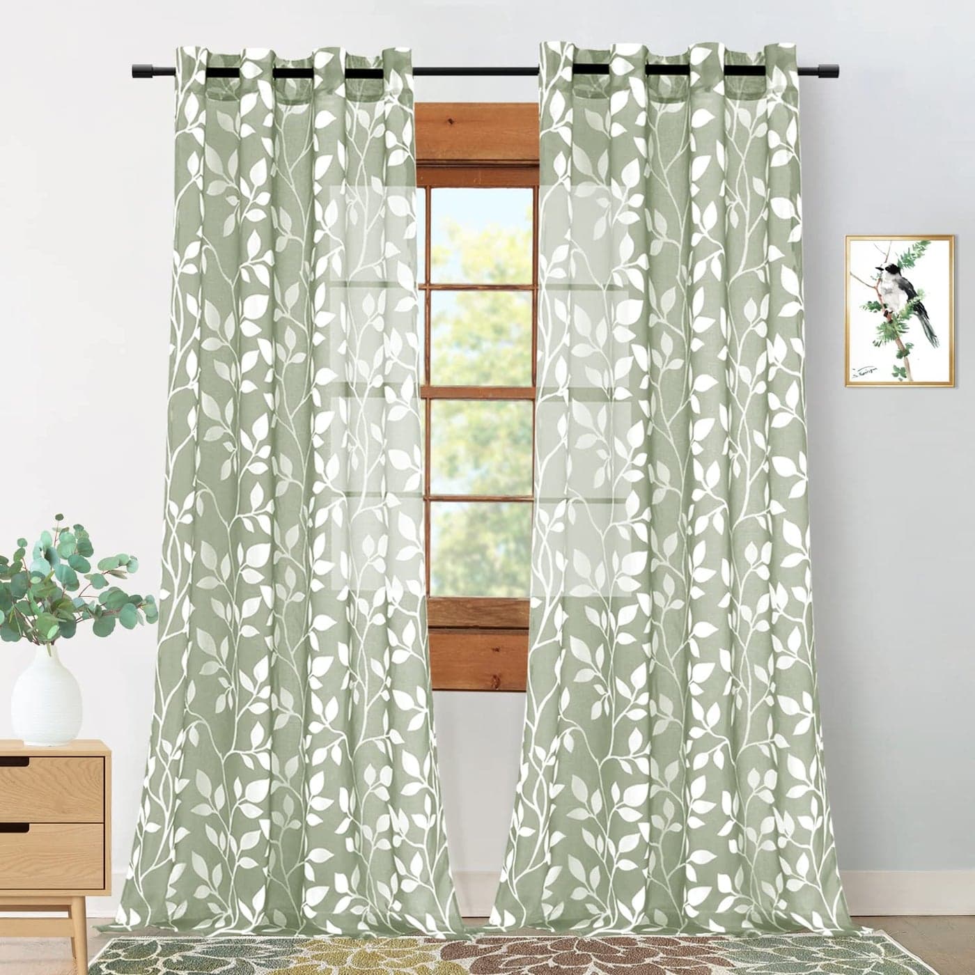 XTMYI 96 Inch Long Green Sheer Curtains for Sliding Glass Door 2 Panel SetPretty Boho Leaf Floral Printed Patterned Retro Curtains for Dining Room Bedroom Living Room 8FT LengthSage