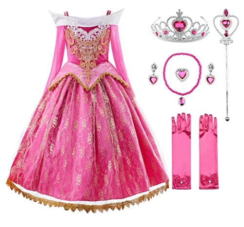JerrisApparel Girls Pink Princess Costume Halloween Cosplay Party Dress up (Pink with Accessories, 6)