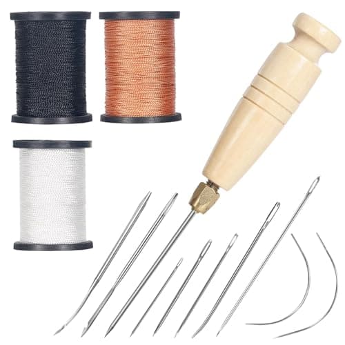Nurkul 3-Spool Nylon Thread Sewing Kit, 80 Yards Each, Heavy Duty Needles (5 Straight, 2 Curved), Sewing Awl, Ideal for Upholstery, Leather, Shoes & DIY Crafts