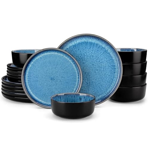 vancasso PLAYA Plates and Bowls Sets, 18 Pieces Blue Dinnerware Sets for Kitchen, Reactive Glaze Dishes Set for 6, Dishwasher and Microwave Safe