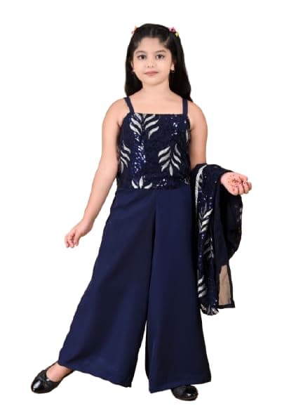 SPAMitude - Girls Sequin Embroidery Work Premium Cotton Blend Top Pant Jacket | 3pcs Party Dress Square Neck Stylish Sleeve Designer Dress for Birthday Girl (BLUE, 13 to 14 Years)