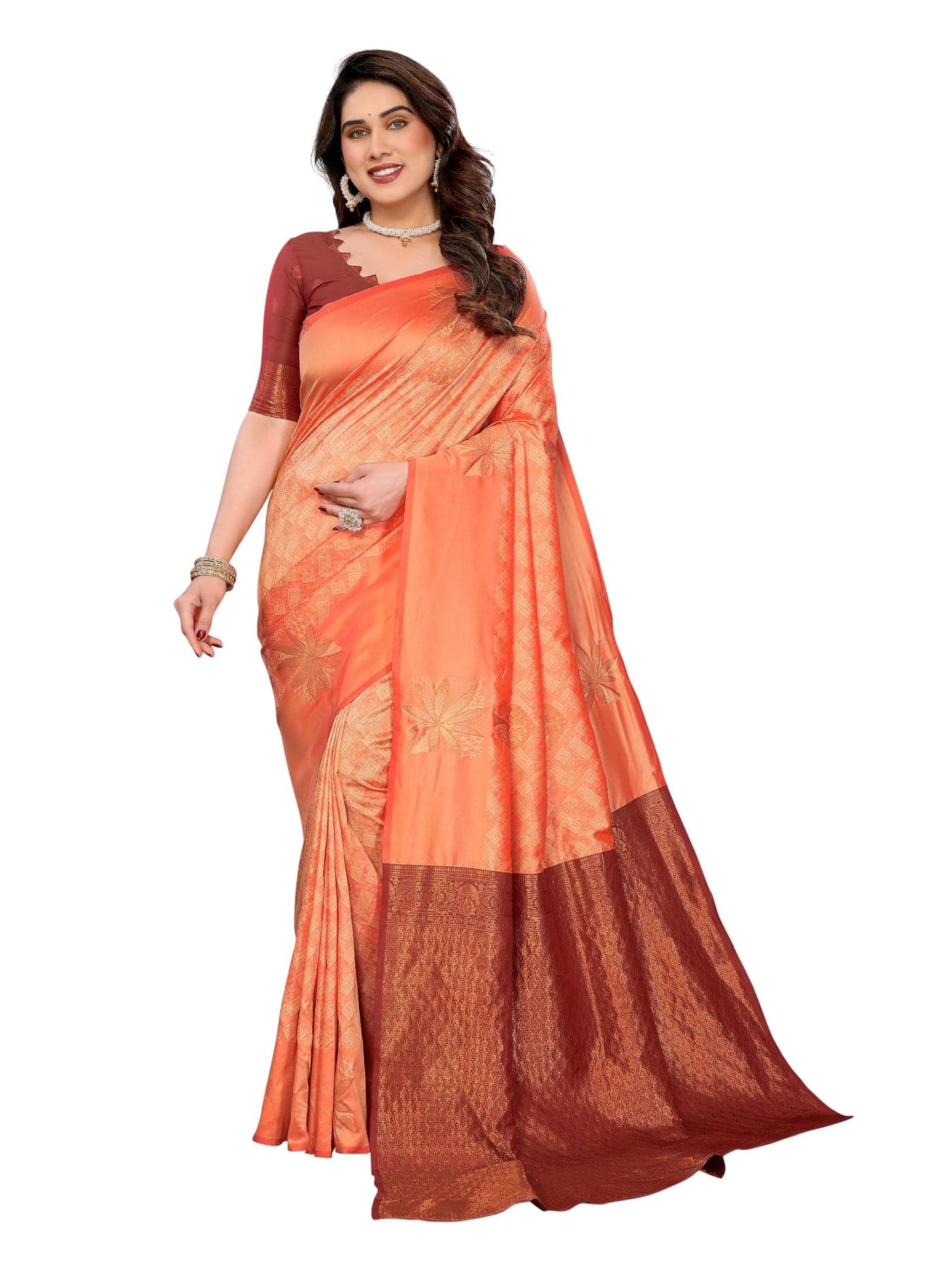 Sidhidata Women's Soft Banarasi Silk Floral Zari Woven Design Saree With Unstitched Blouse Piece (Silk SunRise Orange_Orange_Free Size)