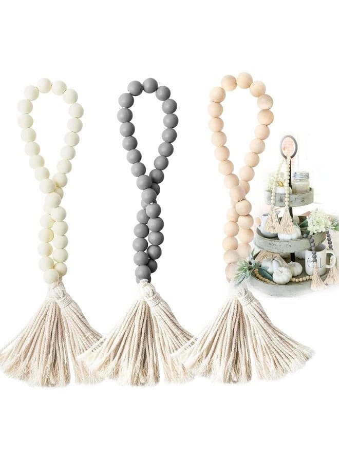 3 Pcs Rustic Wood Beads with Jute Rope Plaid Tassel, 27 Inch Natural Beads for Modern Farmhouse Boho Decor, Large Wall Hanging Decoration