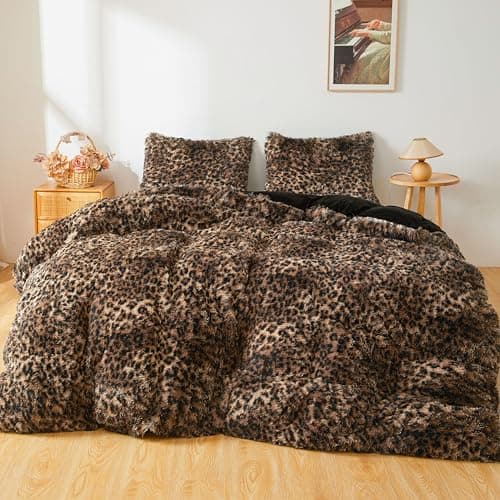 XeGe Fluffy Faux Fur Cheetah Print Duvet Cover Set, 1 Plush Fuzzy Soft Leopard Comforter Cover and 2 Furry Pillowcases, 3 Pieces Luxury Farmhouse Shaggy Bedding Set with Zipper, Brown and Black, King