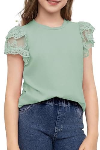 blibean Junior Girl Shirts Youth Kid Girls Blouse Summer Short Sleeve Flowy Dress Tops Fashion Casual Dressy Clothes Fancy Solid Blouse Size 8-9 Year Old Light Green