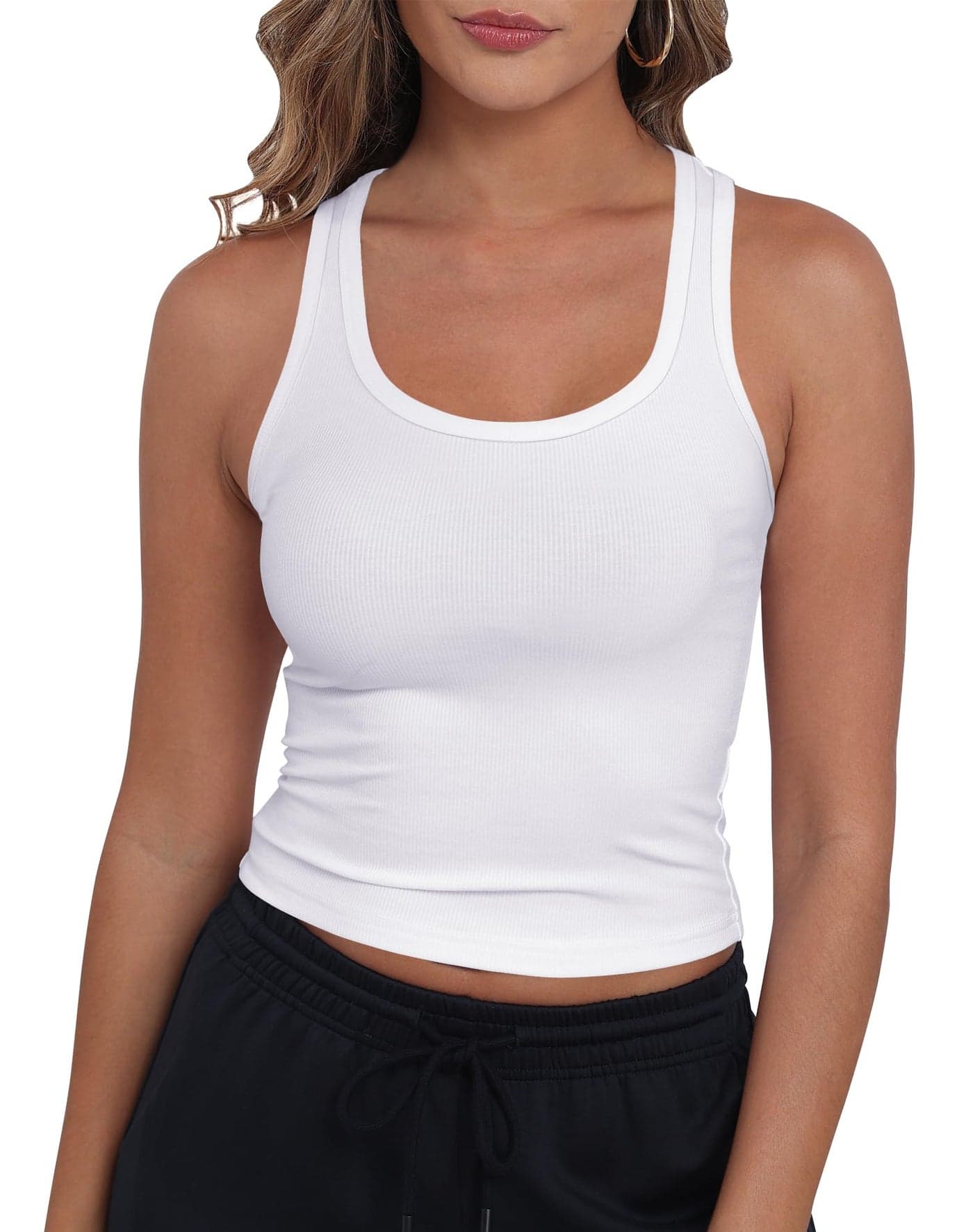 GEMBERA Womens' Ribbed Knit Cotton Scoop Neck Racerback Sleeveless Form Fitted Basic Cropped Tank Top Shirt(3954 White M)