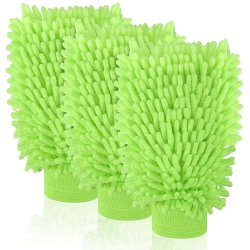 Mkobon 3 Pack Chenille Microfiber Car Wash Mitt 7 x 96 Car Washing Mitts Home Dusting Gloves Scratch Free LintFree Highly Absorbent Double Sided for Cleaning Detailing Polish Green