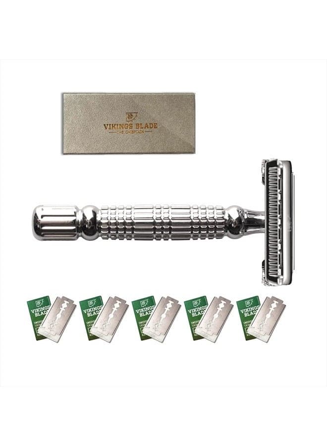 Double Edge Safety Razor by VIKINGS BLADE, Fat & Short Handle, Swedish Steel Blades Pack + Luxury Case. Twist to Open, Heavy Duty, Reduces Razor Burn, Smooth, Close, Clean Shave (Model: The Chieftain)