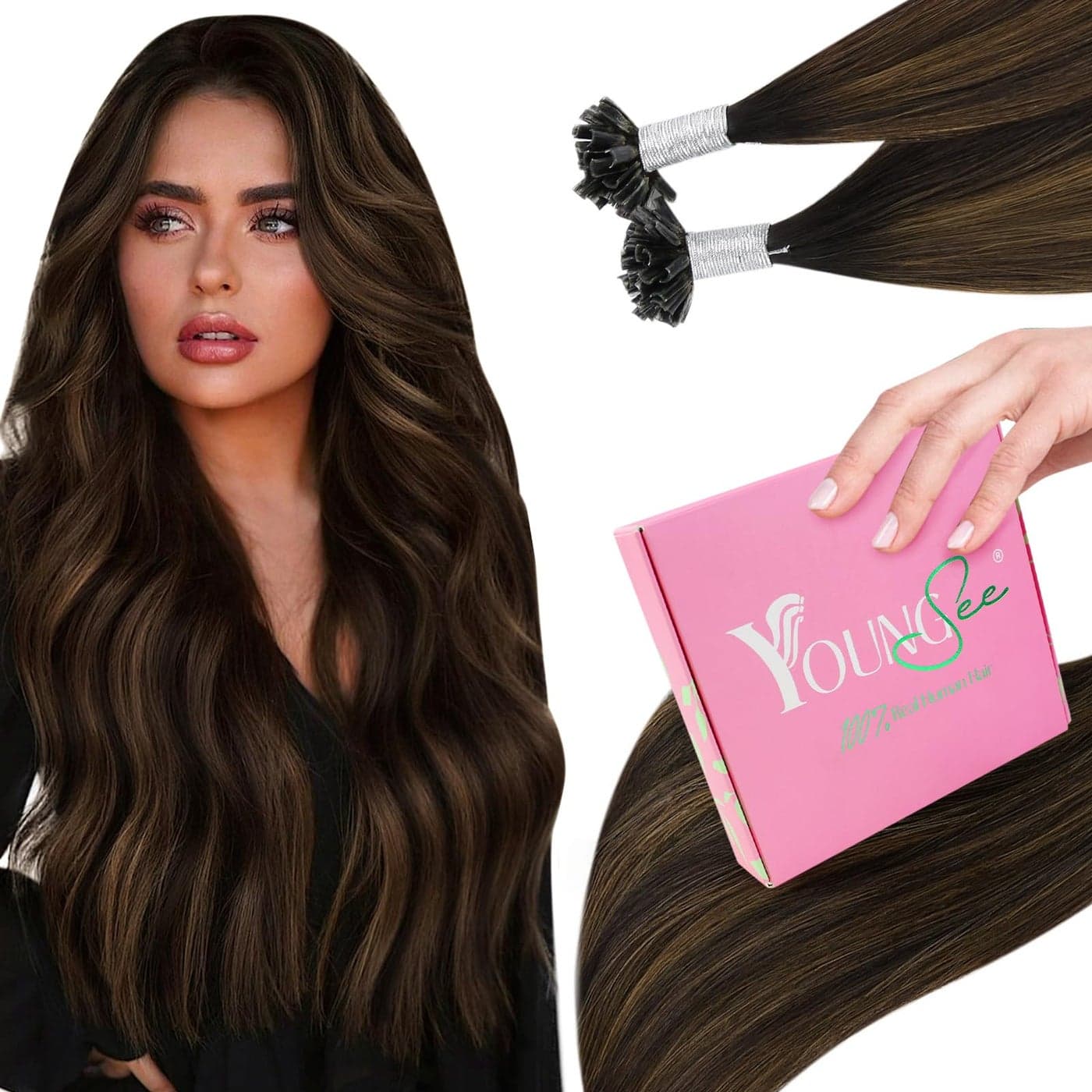 YoungSee Utip Hair Extensions Balayage U Tip Human Hair Extensions Dark Brown with Medium Brown 14Inch Short 50s50G