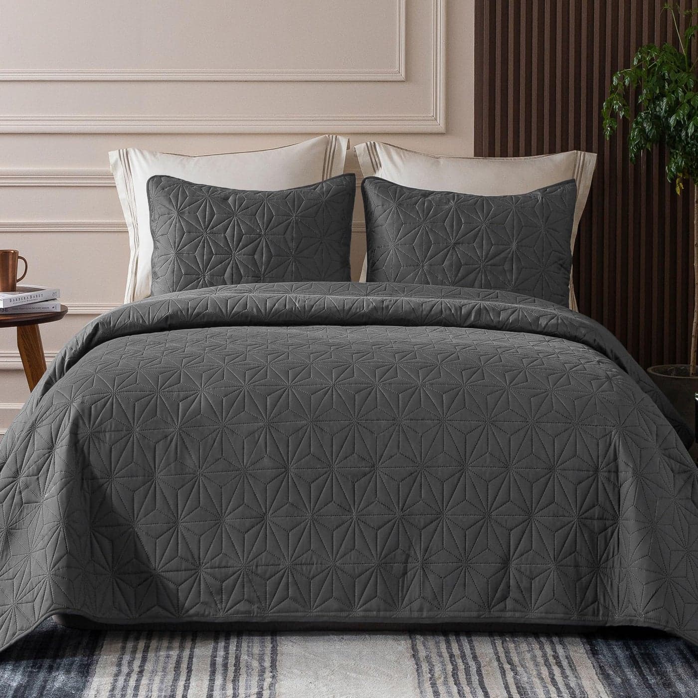 Whale Flotilla King Size Quilt Bedding Set Soft Grey King Quilts Bedspreads for All Seasons Lightweight Geometric Star Pattern Coverlets 3 Pieces1 Quilt 2 Pillow Shams