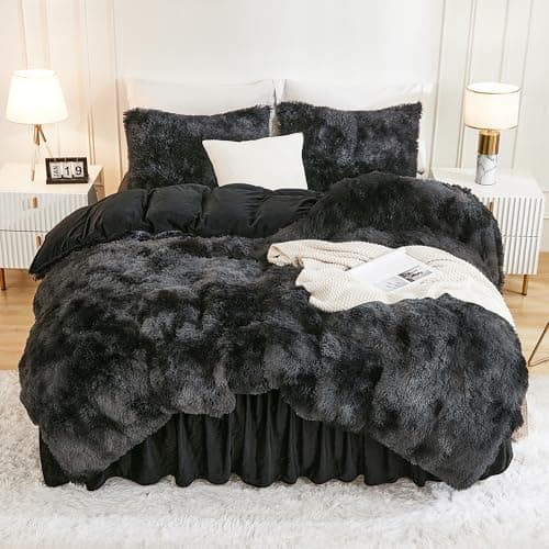 Andency Tie-Dyed Black Grey Comforter King Size, 3 Pieces Fluffy Faux Fur Warm Soft Fuzzy Plush Bedding Comforter Set, Thick Heavy Puffy Comfy Bedding Sets