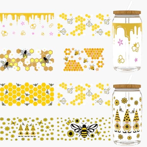 Dorsbaby 24pcs Cute Bees UV DTF Cup WrapUV DTF Cup Wraps for 16 ozGlassesTablesChairsComputersHigh Viscosity UV DTF Transfer Paper