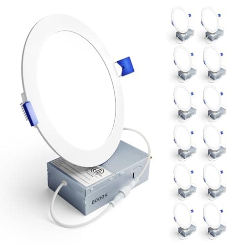 Ensenior 12 Pack 6 Inch LED Recessed Ceiling Light, Dimmable, 6000K Clear White, 1050LM 12W 120V, High Brightness Canless Wafer Downlight - ETL&FCC&IC