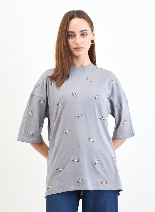 Grey Embroidered Sequined Oversized T-Shirt — M