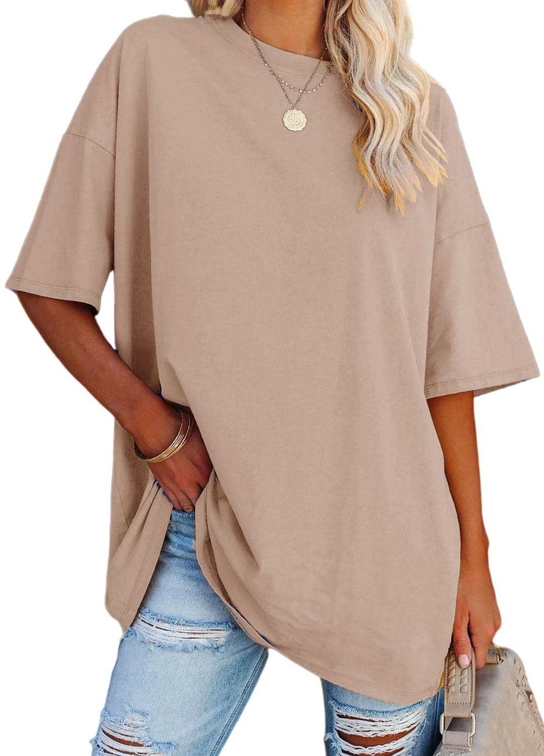 YEXIPO Women's Oversized T Shirts Summer Short Sleeve Loose Fit Casual Crewneck Plain Tunic Tops