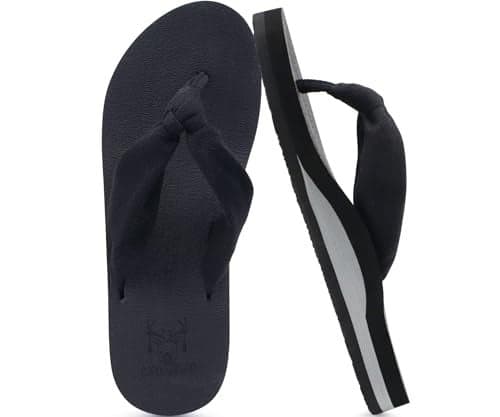 KuaiLu Flip Flops Women Arch Support Yoga Mat Comfortable Summer Beach Walking Thong Cushion Sandals Slip on Outfits Travel Essentials Orthotic Slides Indoor Outdoor Slippers Shoes Black Size 6.5