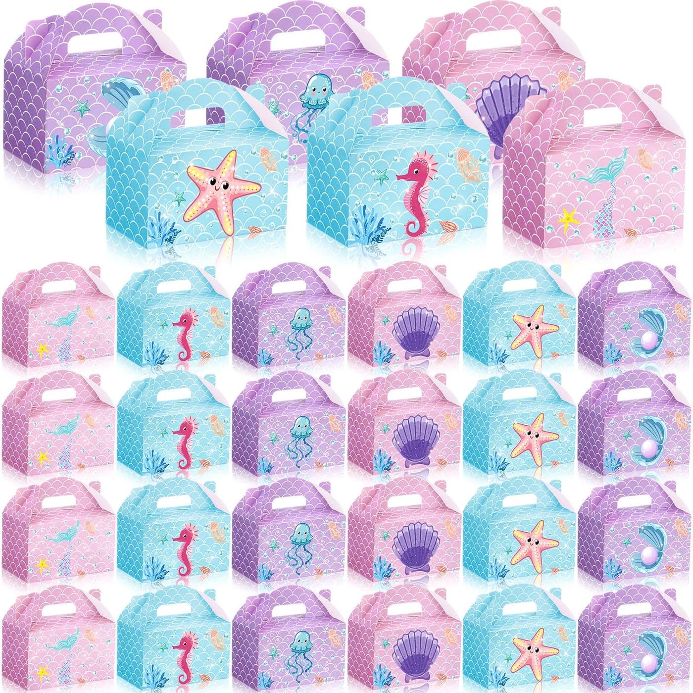 Dunzoom 24 Pcs Mermaid Party Favors Treat Boxes Shell Pearl Mermaid Goodie Bags Candy Gift Bags Ocean Gable Box with Handles for Girls Under The Sea Birthday Party Supplies