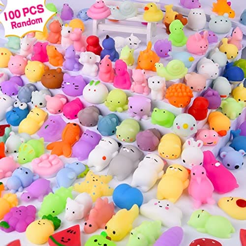 LEEHUR 100PCS Kawaii Squishies Mochi Squishy Toys for Kids Party Favors Mini Stress Relief Squishy Fidget Toys for Classroom Prizes for Kids Party Favors Goodie Bags Stuffers with Storage Bag