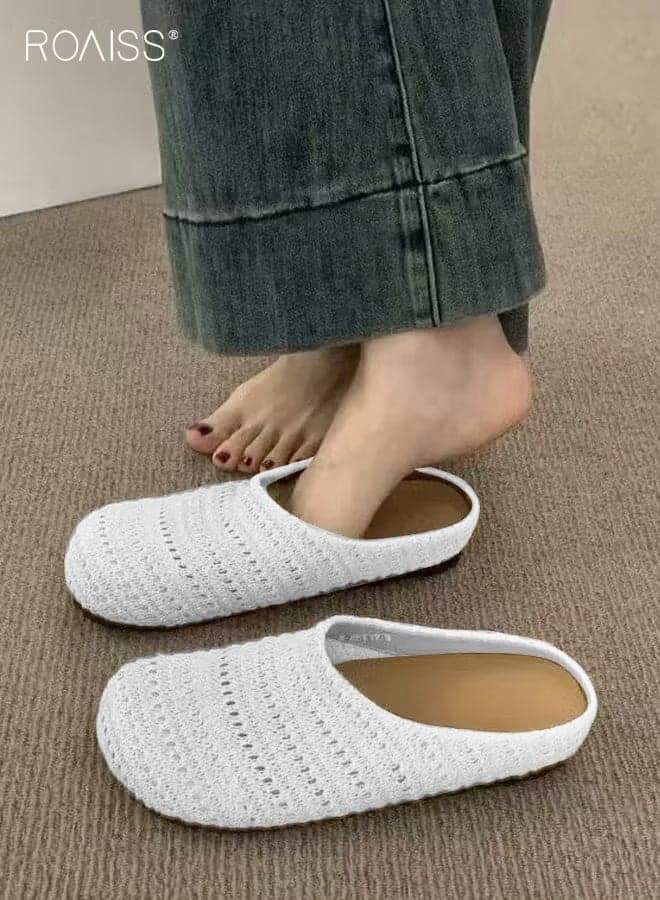 Women's Braided Round Toe Flats Comfortable, Breathable and Non-Slip Toe-Toe Slip-On Mules, Perfect for Daily Wear, Combining Style and Comfort for Various Occasions White