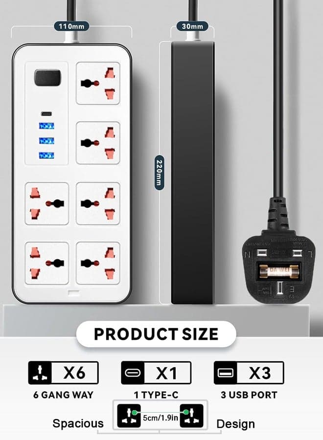 Extension Cord Protector Power Strip with 6 Outlets, 3 USB-A Ports, 1 USB-C Port, Flat Plug, Wall Mountable, Desk USB Charging Station, Ideal for All Electronic Devices, White, 220x110x30mm.