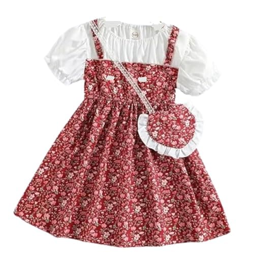 Niren Enterprise Adorable Floral Girl’s Dress with Heart-Shaped Purse – Perfect for Any Occasion, Pack of 1 (Maroon CRISPILLO, 5-6Y)