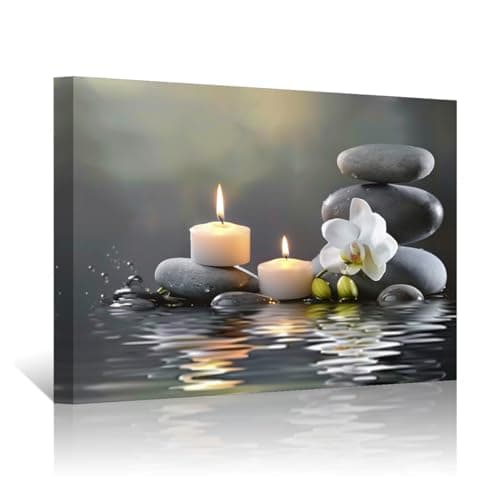PBXBJY Bathroom Wall Art Orchid Flower with Black Zen Stone Pictures SPA Candle Picture Prints Still Life Canvas Painting for Meditation Spiritual Room Decor (White, (16.00" x 24.00"))