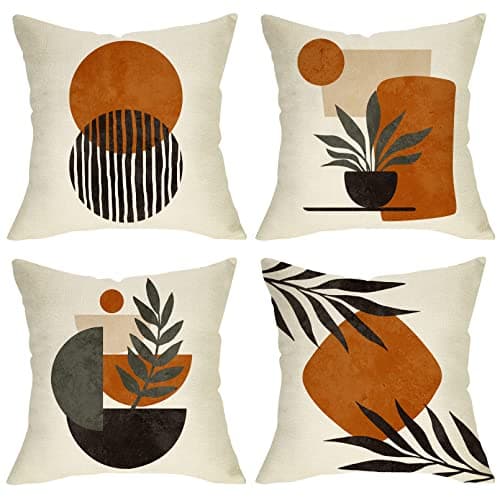 Ussap Boho Abstract Sunset Plant Olive Leaves Decorative Throw Pillow Covers Set of 4 Bohemian Geometry Line Pillowcase Decoration Minimalist Modern Art Aesthetic Cushion Case Home Decor 20x20
