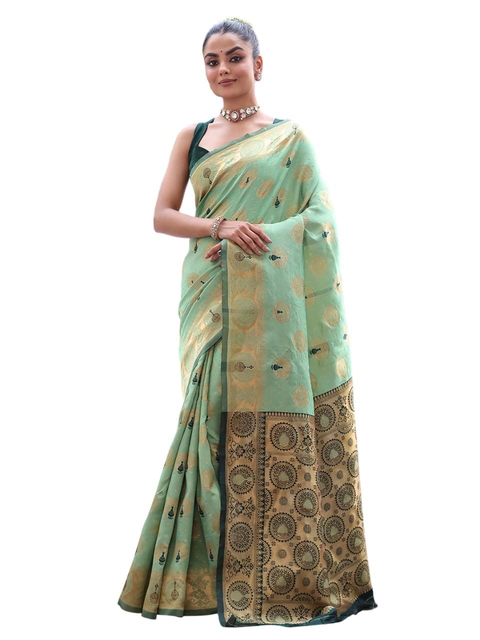 ORHANS Women's Banarasi Soft Silk Kanjivaram Woven Design Zari Saree with Contrast Pallu & Unstitched Blouse Piece (Green)