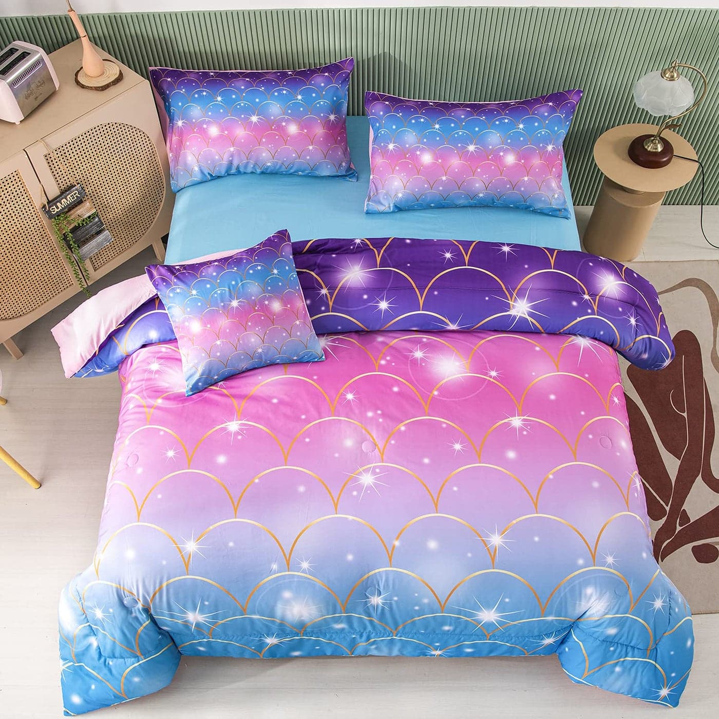 PERFEMET Blue Pink Mermaid Tail Girls Bedding Set 6 Pcs Colorful Rainbow Queen Size Comforter Set with Sheets Sparkle Glitter Tie Dye Teen Girl Bed in A Bag Kids Bed Sets