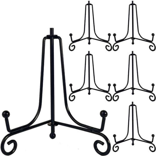 HENABLE 6PCS Premium Black Iron Plate Stands for Display 4 Inch, Decorative Solid Metal Plate Holders for Displaying, Mini Easel, Frame, Book, Card, Plaque, Bowl, Picture Stands for Display