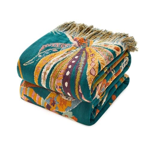 Boho Throw Blanket 50x60 Soft Cotton Throw Blanket Muslin Blankets for Bed Reversible Lightweight Summer Blanket with Floral Printed All Season Farmhouse Decor Rustic Blanket