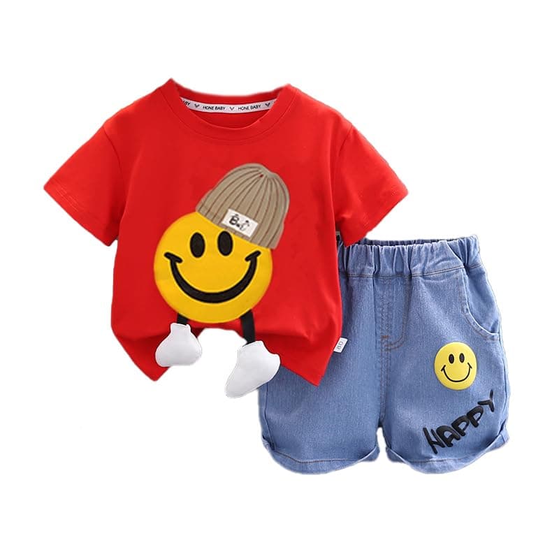 Bold N Elegant Kid'S Playful Happy Face Printed Cotton Half Sleeve T-Shirt & Denim Shorts Summer Clothing Set For Infant Toddler Boys Girls (6-12 Months, Red - Blue)