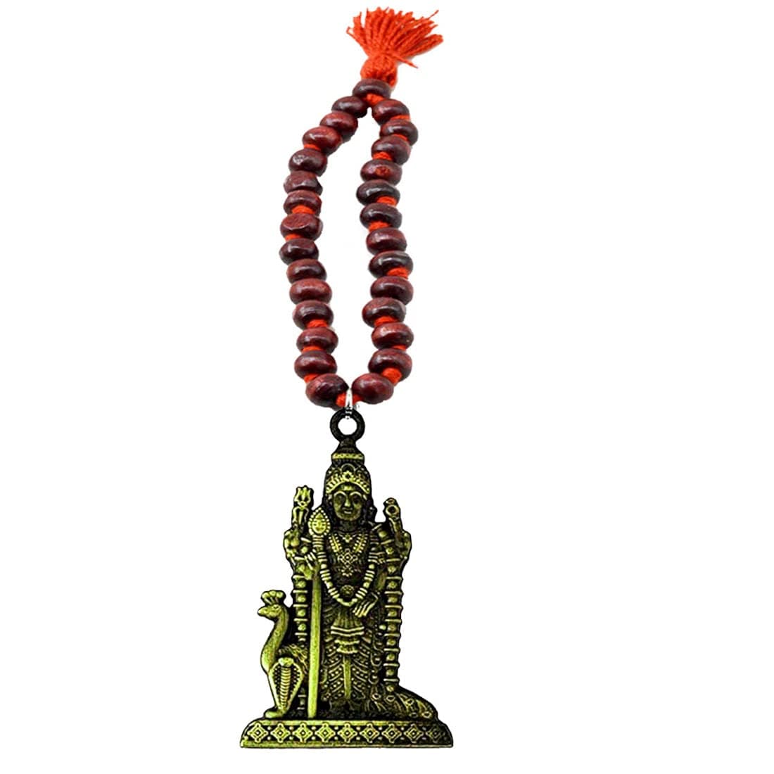 AFH Lord Murugan Kartikeya Bronze Idol with Red Sandalwood Mala Hanging Ornament