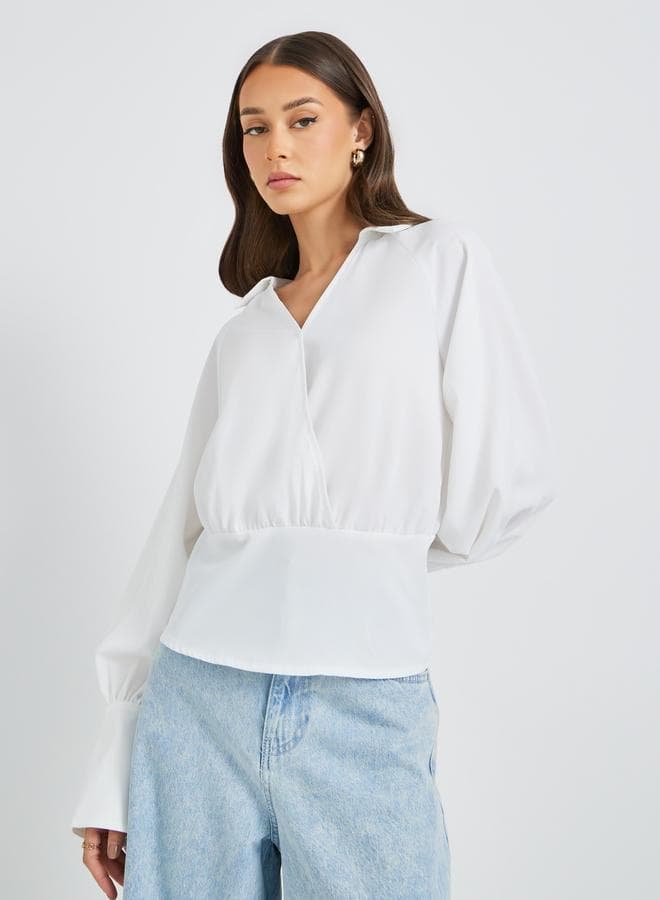 Cuffed Long Sleeve Collared Wrap Blouse