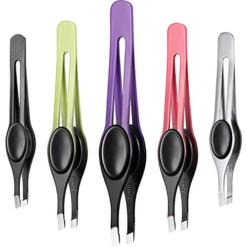Chumia 5 Pieces NonSlip Grip Tweezers Slanted Tip Stainless Steel Tweezer Wide Precision Tip Clip Tweezer for Ingrown Hair Eyebrow Shaping Splinter Blackhead Remover Black Rubber Grip
